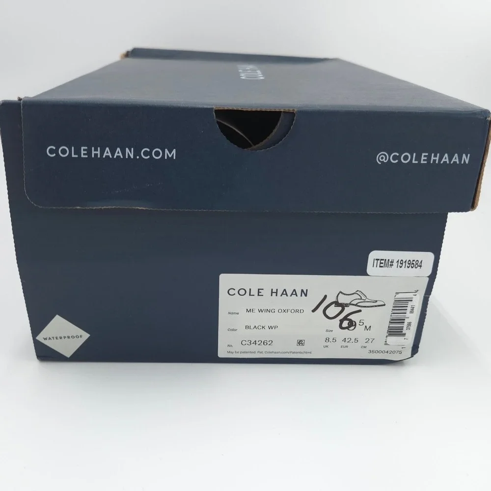 Cole Haan ME Wingtip Oxford Dress Shoes Mens 9.5 Black Leather Waterproof NEW